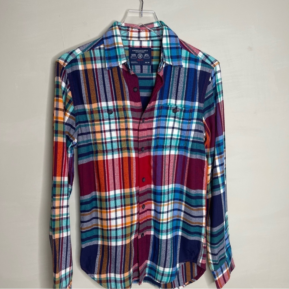 American Eagle Multi-Color Plaid Prep Fit Button Front Shirt